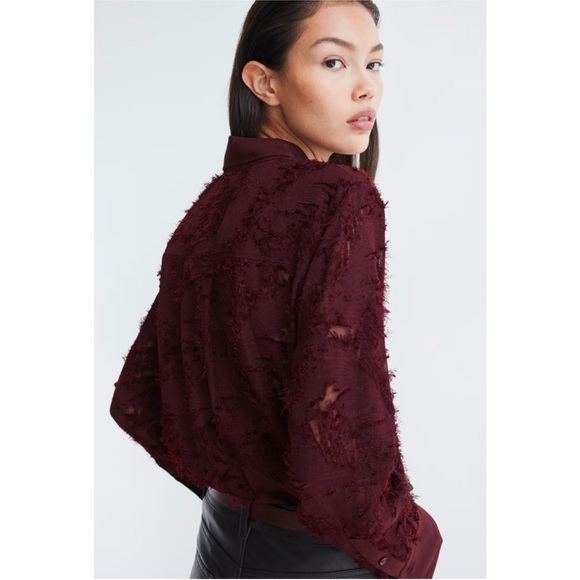 H&M Jacquard Weave Textured Burgundy Button-Up Blouse - Picture 2 of 12